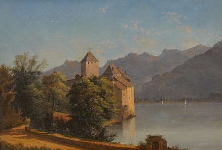 Continental School, Lakeside view with villas, unsigned, oil on board, 30 x 43cm, ornate gilt frame